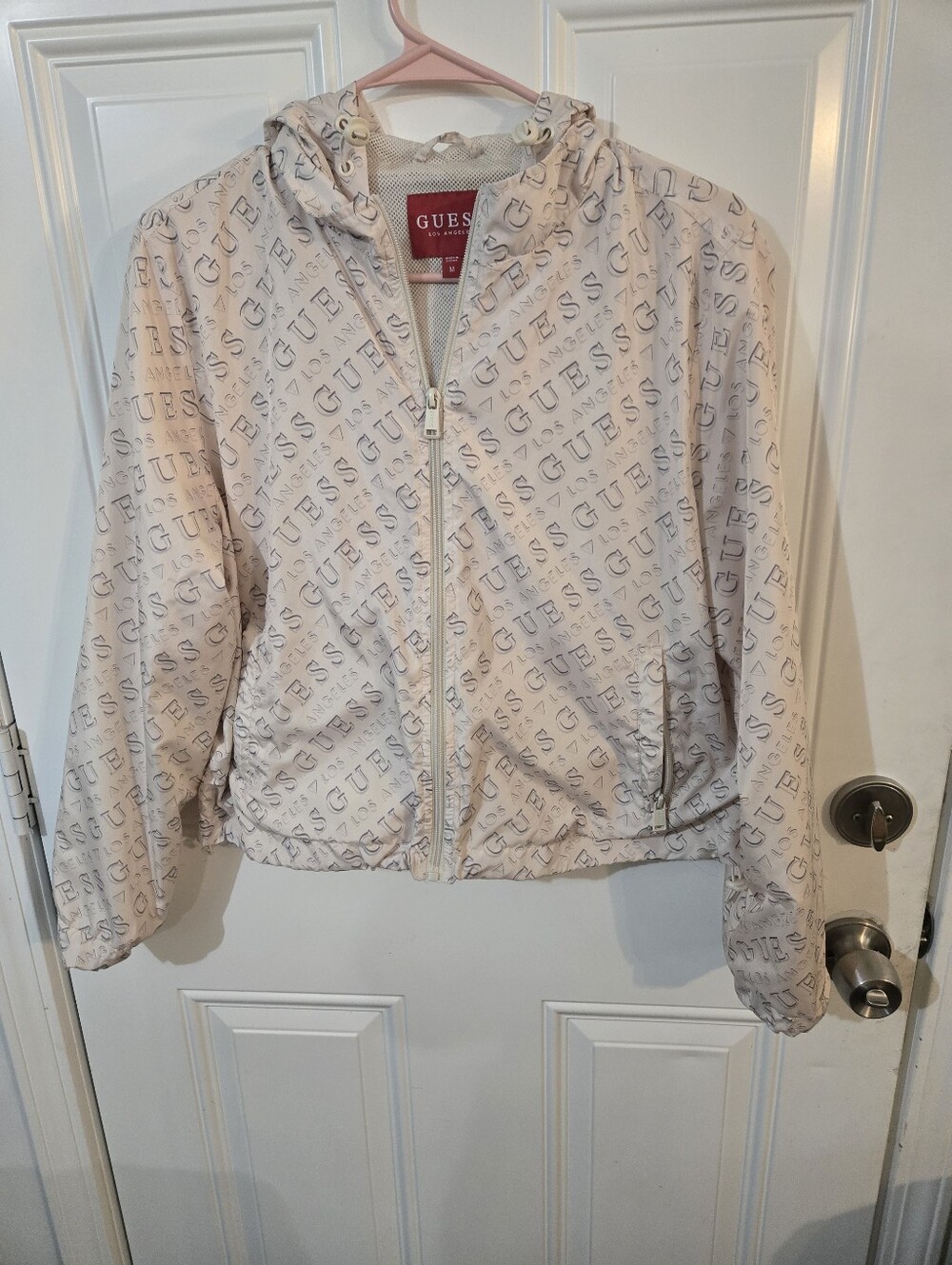 Guess Womens' Cream All-Over Logo Hooded Windbreaker Jacket